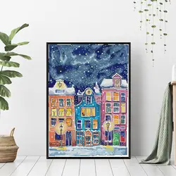 Vibrant House Pattern Cross Stitch Kit - Embroidery Set with Canvas, Needle, and Thread - 14CT Unprinted