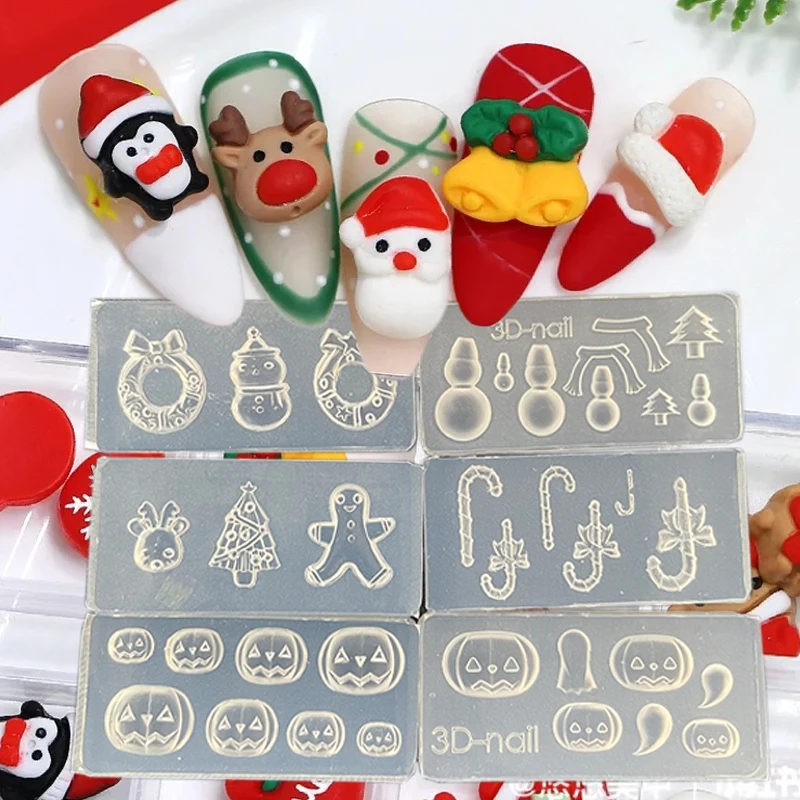 5Pc Christmas 3D Nail Molds 4*2cm Carv Mold Santa Claus/Gingerbread Man/Christmas Tree Resin Template(5Pc Christmas Charms Gift) 6