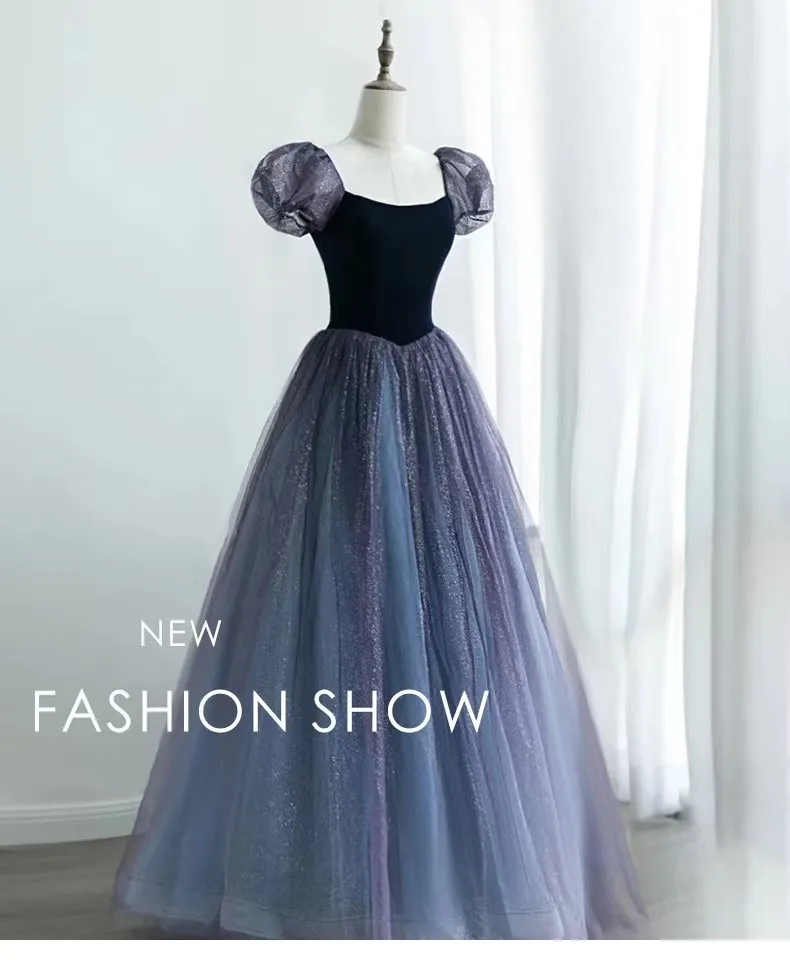 Gradient Blue Prom Dresses Shiny Sequins A-Line Pleated Boat Neck Puff Sleeves Big Bow Bandage Floor-Length Tulle Celebrity Gown plus size prom & dance dresses