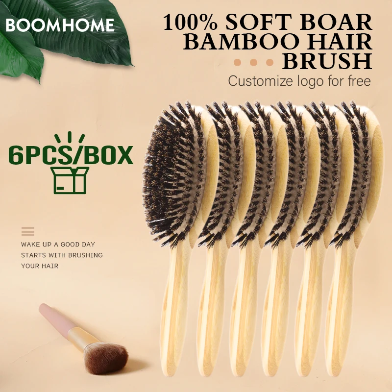 Bamboo Hairbrush Customized Logo Wholesale  Boar Bristle Hair Brush Curly Airbag Scalp Comb Hair Beauty Care Salon Tool 6pc/set