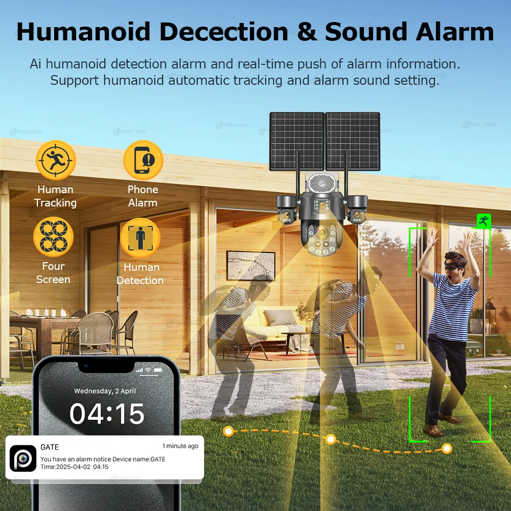 4G SIM/eSIM Solar PTZ Security Camera 4 Screen AOV 24 Hour Record 31200mah Outdoor 60X Optical Zoom Auto Track Surveillance Cam 4