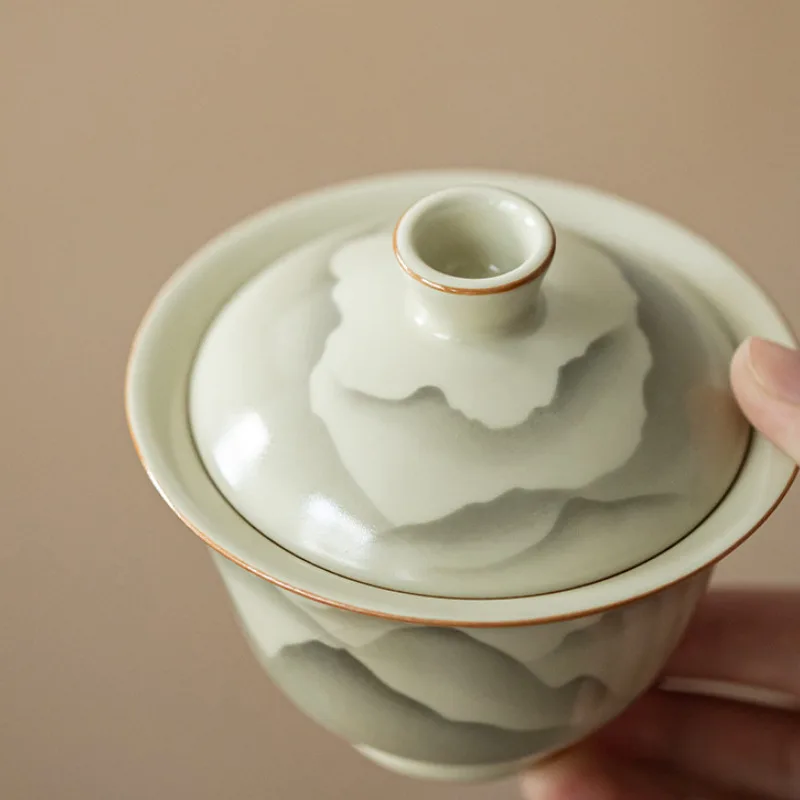 150ML Handmade Ru Kiln Porcelain Gaiwan Mountain Flower Sancai Ceramic Tea Tureen Tea Maker Cover Bowl Tea Items Supplies Gifts