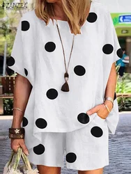 ZANZEA Summer Women Matching Sets O-Neck Half Sleeve Polka Dots Printed Blouse Fashion Casual Holiday Elastic Pant Tracksuits