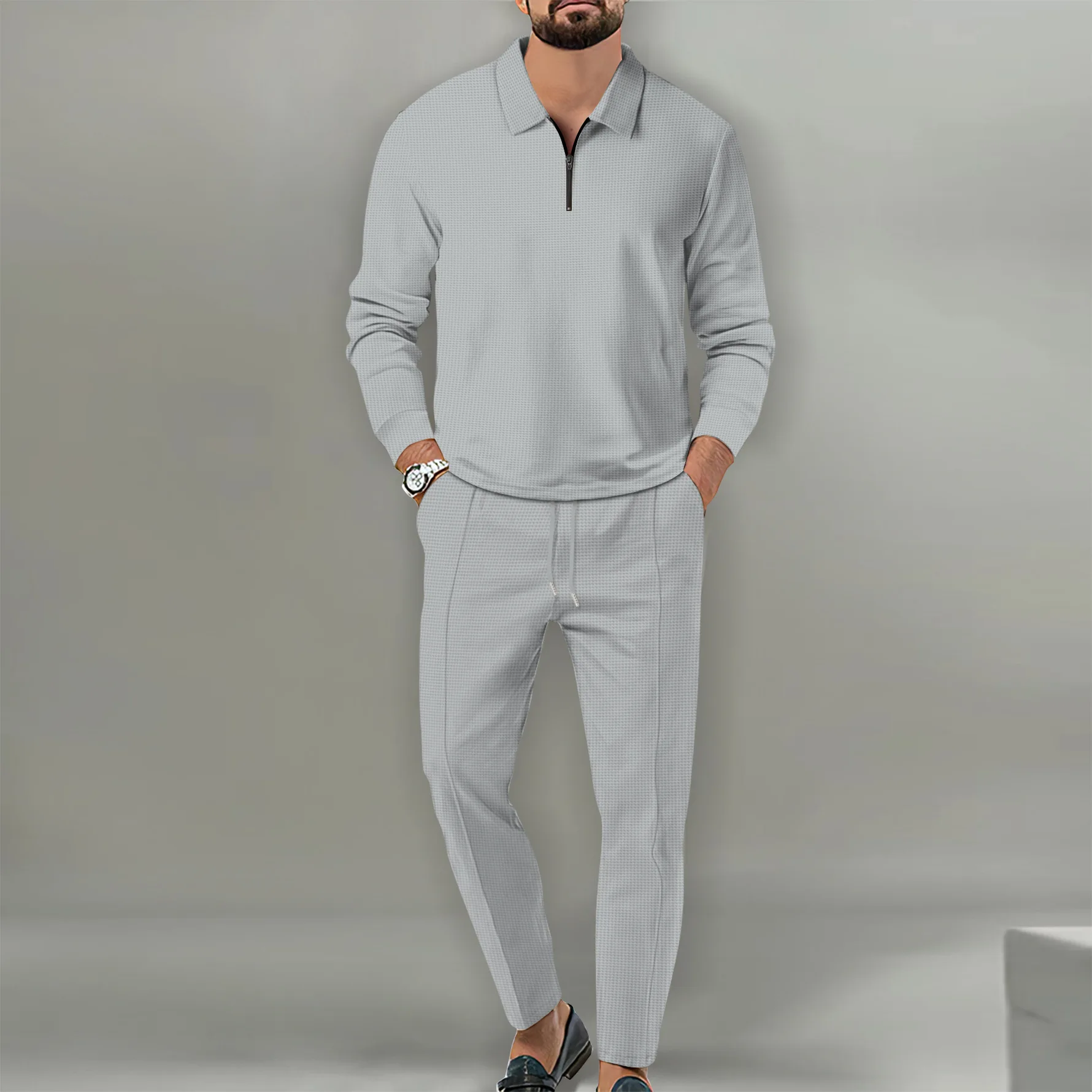 Spring Autumn men's casual lapel solid color two-piece fashion zipper Waffle fabric outdoor sports long sleeve + pants suit 2