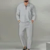 Spring Autumn men's casual lapel solid color two-piece fashion zipper Waffle fabric outdoor sports long sleeve + pants suit 2