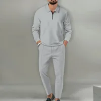 Spring Autumn men's casual lapel solid color two-piece fashion zipper Waffle fabric outdoor sports long sleeve + pants suit 2