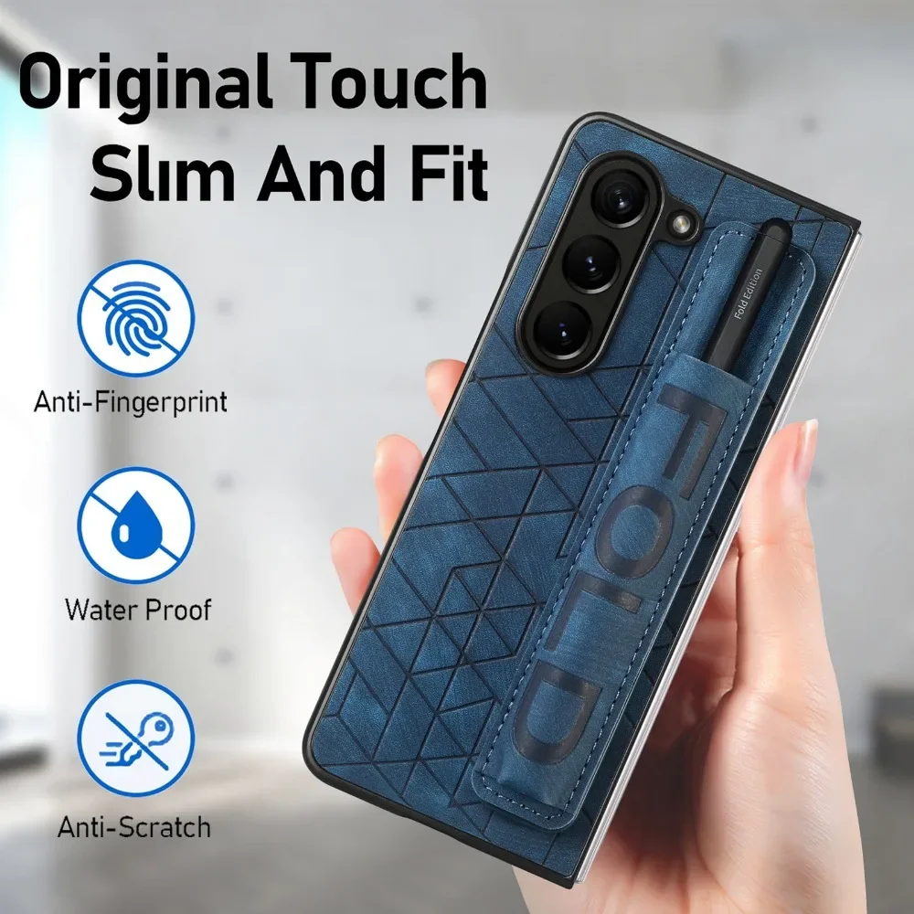 PU Leather Wrist Strap Phone Case with S Pen Holder & Finger Grip