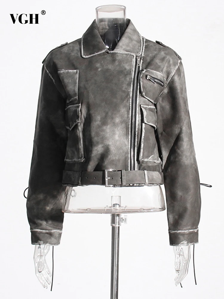 

Женская кожаная куртка с поясом VGH, однотонная Повседневная куртка с отложным воротником и длинным рукавом, короткая куртка с карманами в уличном стиле, новинка
