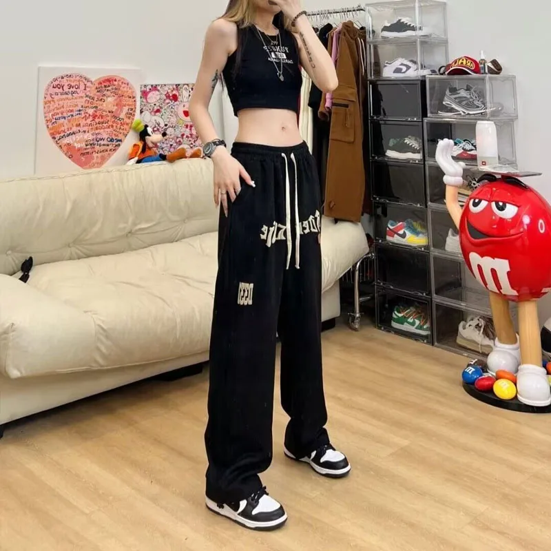 2023 Autumn Women's New Solid Color Printed Sports Pants Fashion Letter Loose Relaxed Comfortable High Waist Wide Leg Pants