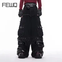 FEWQ Pants Leg Splicing PU Leather Men's Jeans Autumn Winter Straight Legs 2024 Darkwear Korea Fashion Male Trousers 24E5611 1