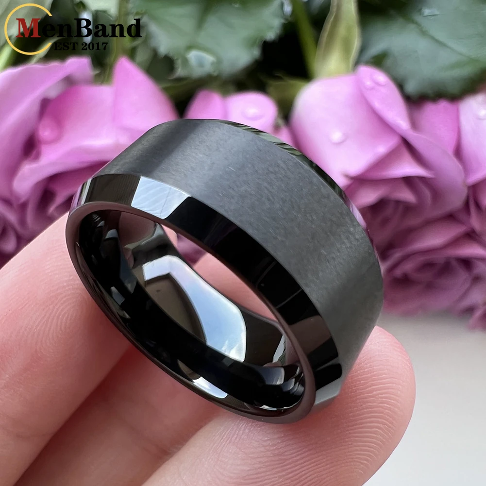 MenBand Large Men 10mm Gold Color Tungsten Carbide Wedding Band Rings Beveled Edges Matted Finish Comfort Fit Size 7-15