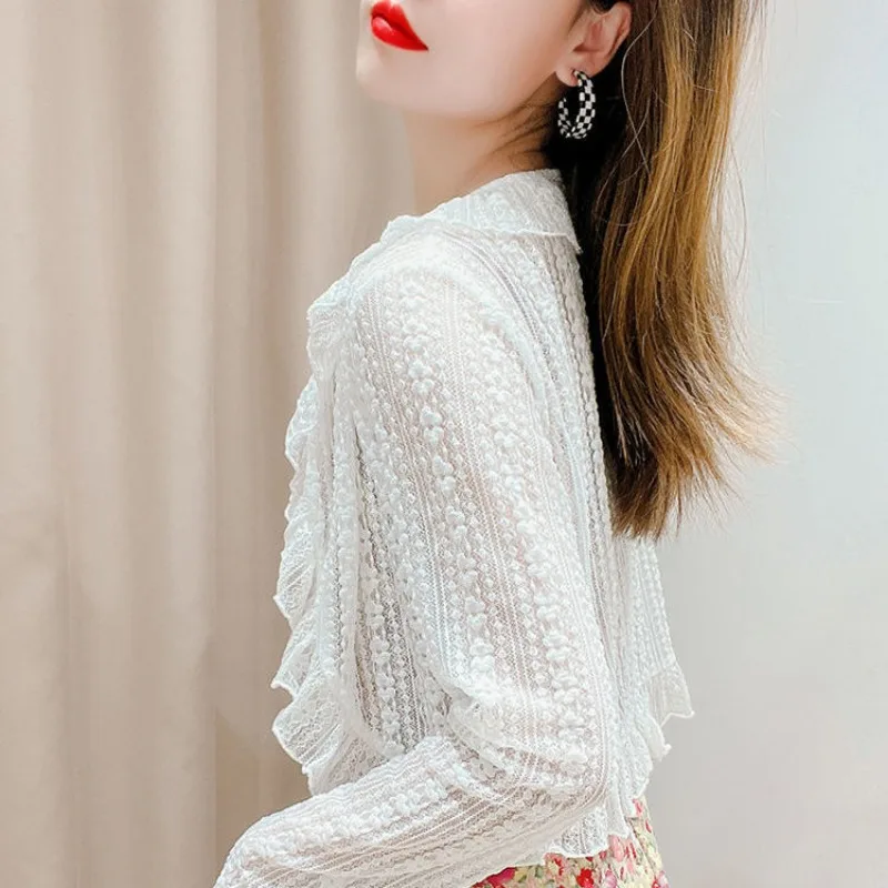 Streetwear Kawaii Clothing Women Long Sleeve Blouse Lace Cardigan Crop Tops Sun Protection Shirts Lace Hollow Out Jackets New