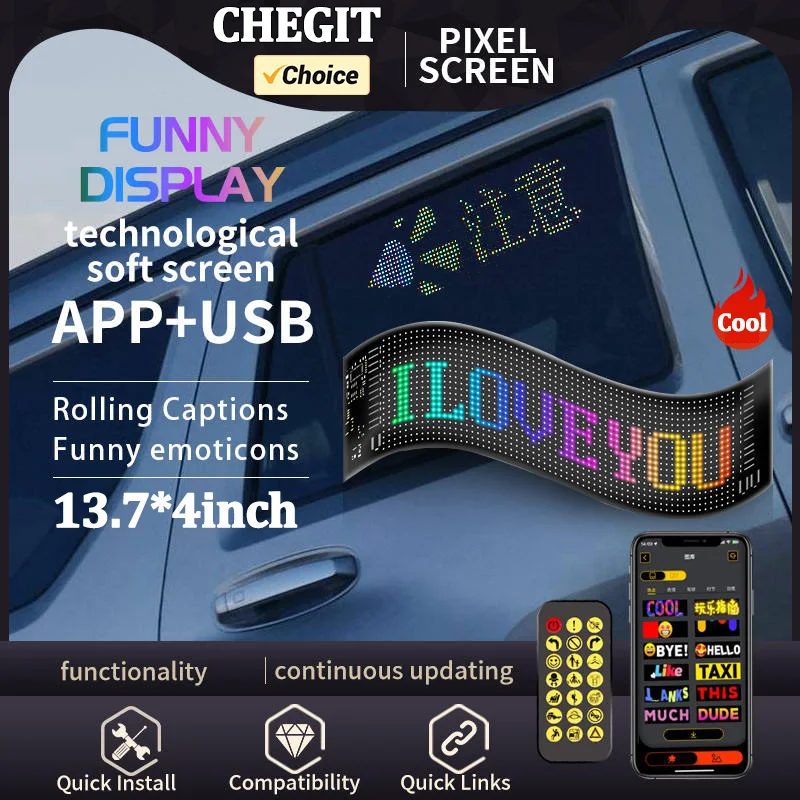 Flexible LED Car Sign Bluetooth App Control Led Panel LED Matrix Pixel Panel, USB 5V Scrolling Bright Advertising LED Signs