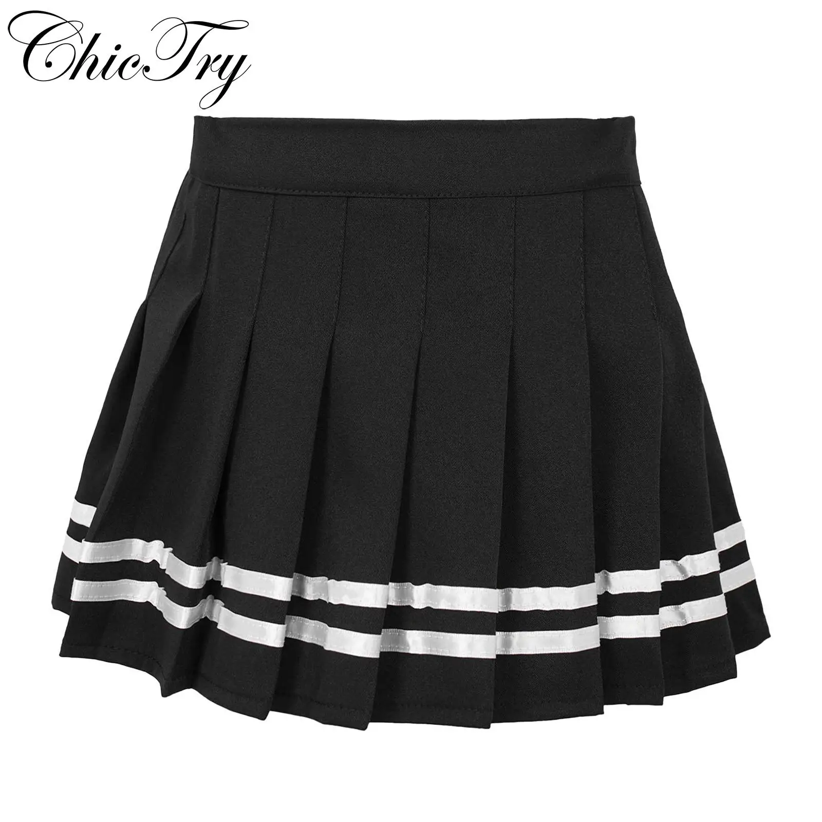 

Kids School Girls Uniform A-line Skirt Fashion Elastic Waistband Striped Style Pleated Skirt with Boxer Bottom for High School