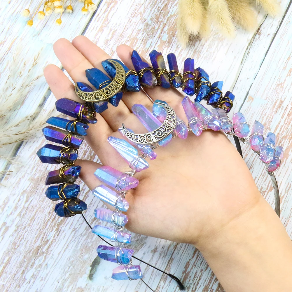 

Cosplay Halloween Witch Headband Natural Amethyst Obsidian Quartz Drusy Crown Moon Energy Wand Hairpin Tiara Comb Hair Jewelry