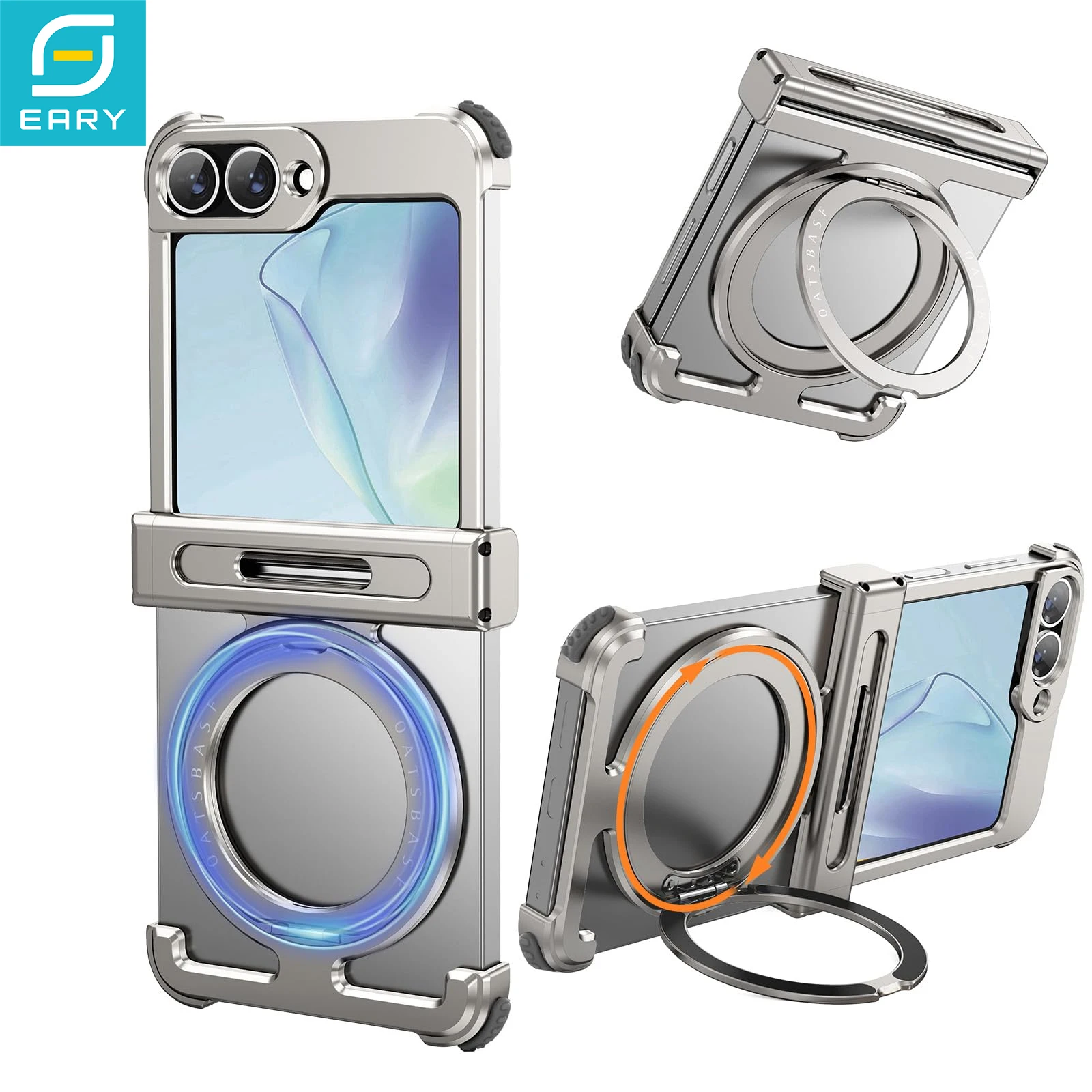 Eary Magnetic Stand Case for Samsung Galaxy Z Flip 7 with 360°Rotating Ring Wireless Charging Shockproof Anti-Drop Phone Cover