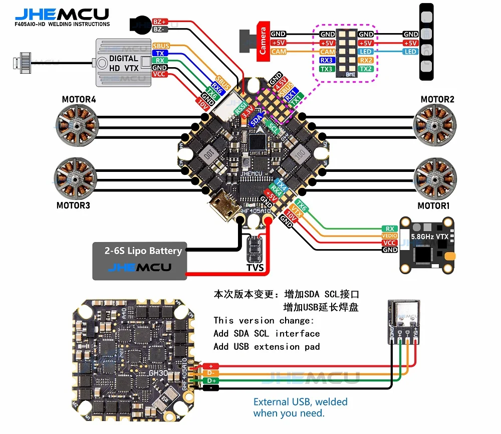 JHEMCU GHF405AIO-HD 40A AIO F405 F4 OSD Blheli_S ESC 2-6S pour Drone FPV