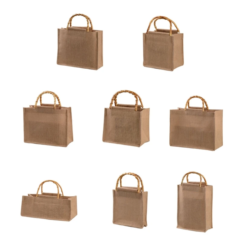 

Portable Burlap Jute Shopping Bag Handbag Bamboo Loop Handles Reusable Tote Grocery Bags for Women Girls 066F