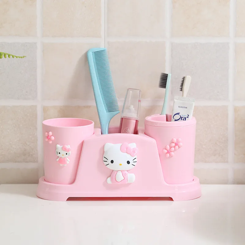 

Hello Kitty Sanrio Kawaii Creative Toothpaste Toothbrush Shelves Mouth Cup Toilet Wash Couple Brushing Cup Set Storage Box