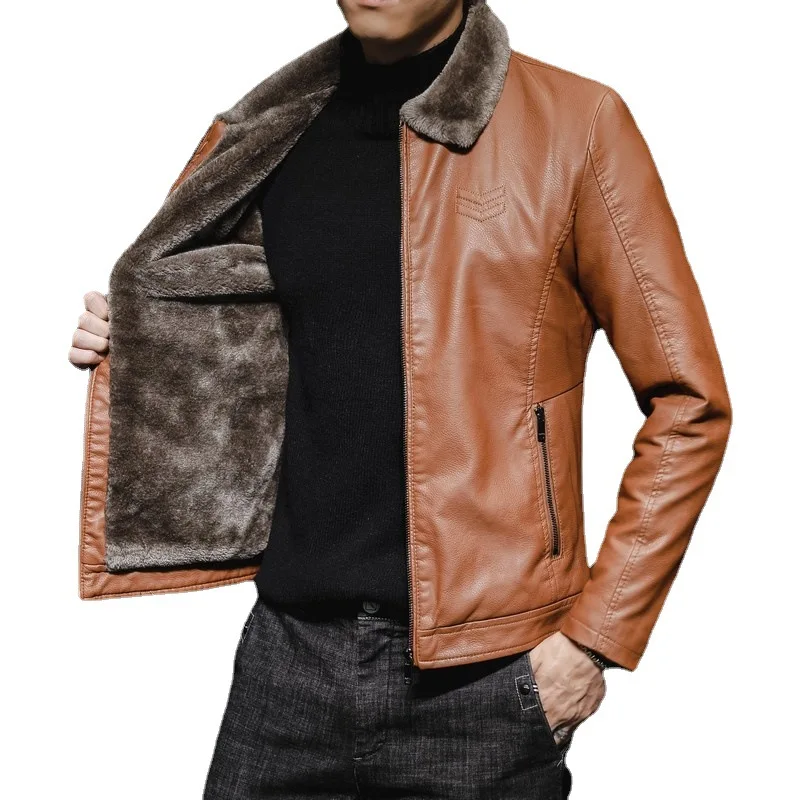 2024 New Men Leather Jacket with Flip Collar for Middle Aged Elderly Men Clothing Plush Thick Trendy Fur Leather Jacket for Men