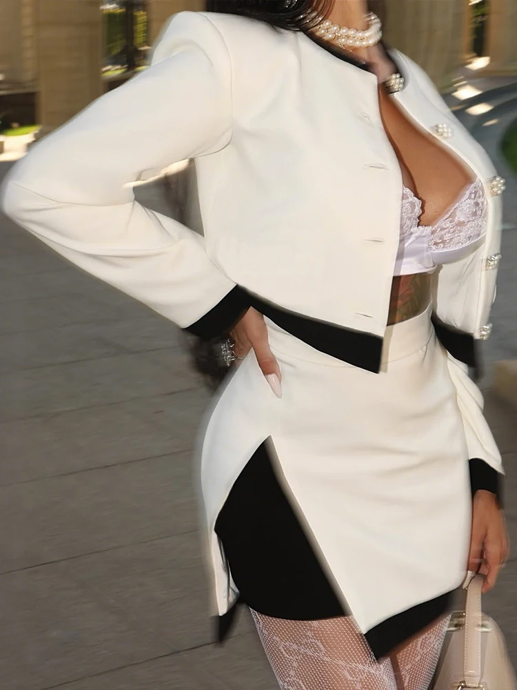 Nibber Office 2-Piece Set Women Sexy Single Breasted Coat+Patchwork Split Peach Hip Skirt Matching Slim Elegant Suit Outfits