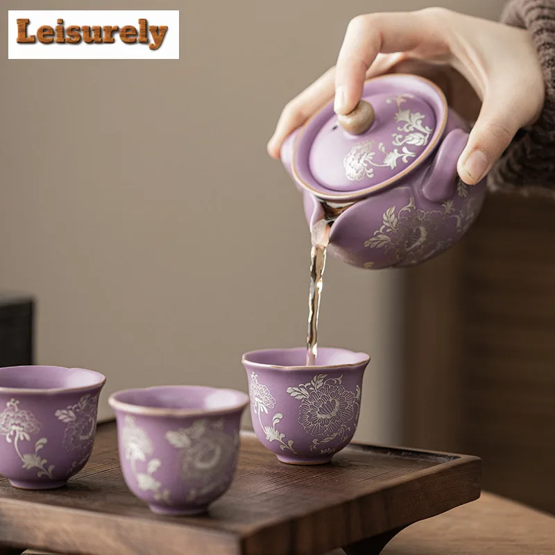 2pc/lot Purple Ru Kiln Gilded Silver Peony Entangled Lotus Teacup Tea Bowl Mug Tea-tasting Meditation Cup Jianzhan Master Cups