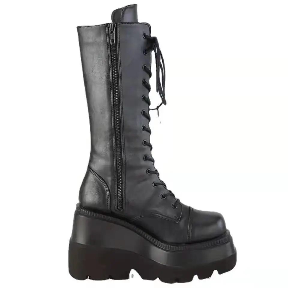 Women's  Boots High-Top Fashion Boots with Slope Heel round Toe Waterproof Platform Spring Autumn PU Leather Boots - 5
