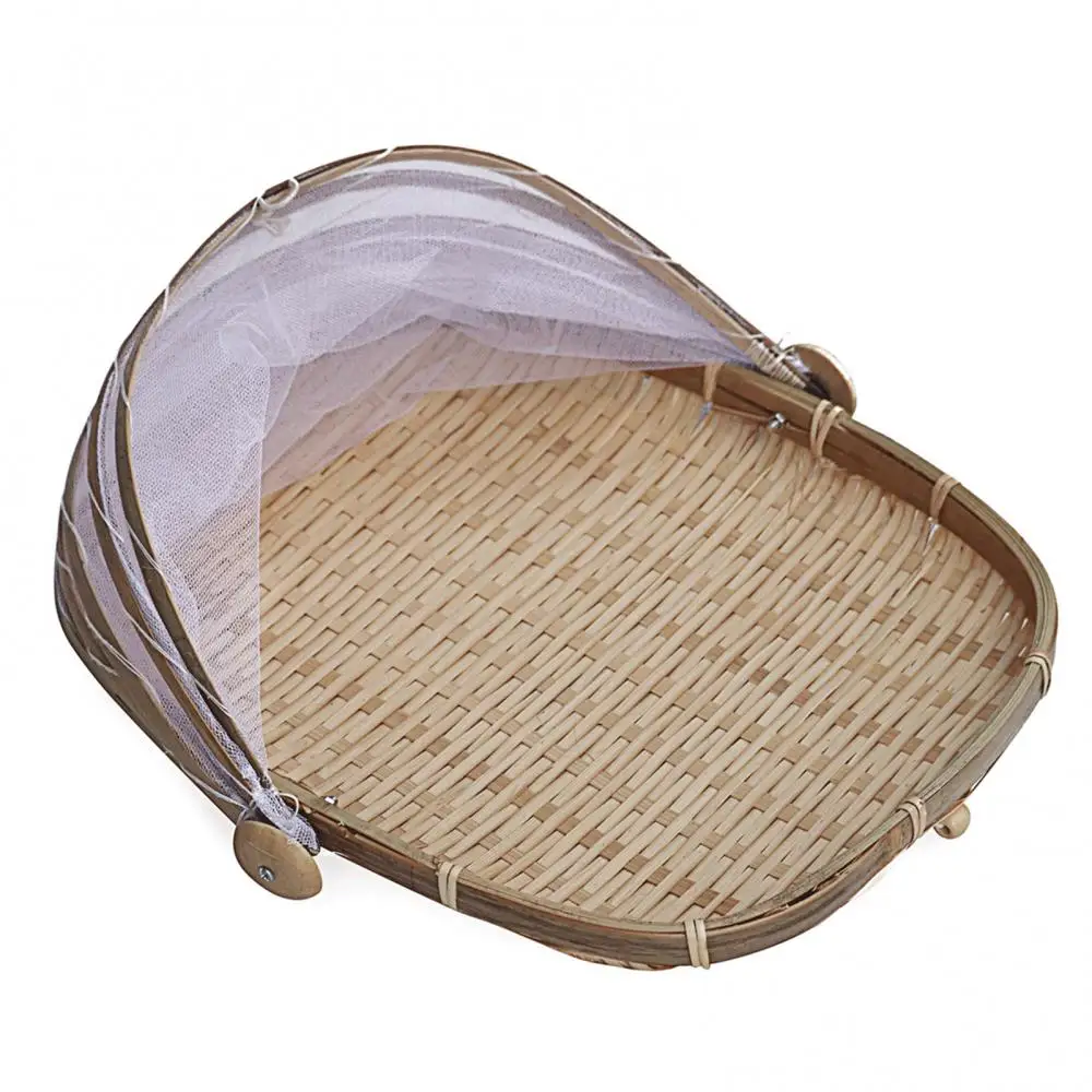 Bamboo Woven Storage Basket Mesh Handmade Food Fruit Anti Flies Net Cover Tent Sundry Container Kitchen Storage Tray 4