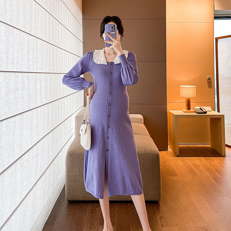 

Maternity Korean Knit Nursing Dresses For Autumn Winter 2023 Clothes For Pregnant Women Cute Peter Pan Collar Pregnancy Dress