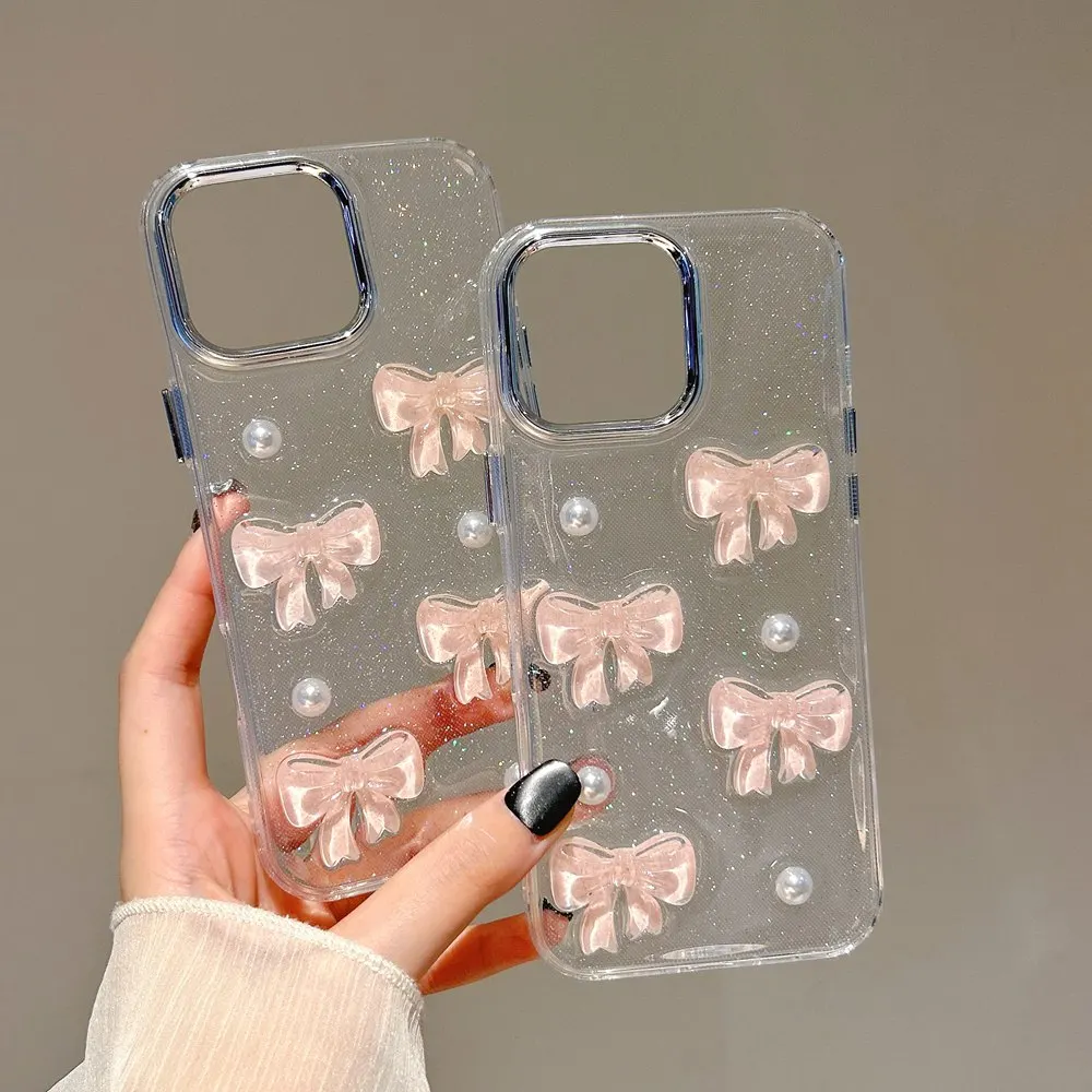 Korean Cute 3D Pink Bowknot Pearl Clear Shockproof Phone Case