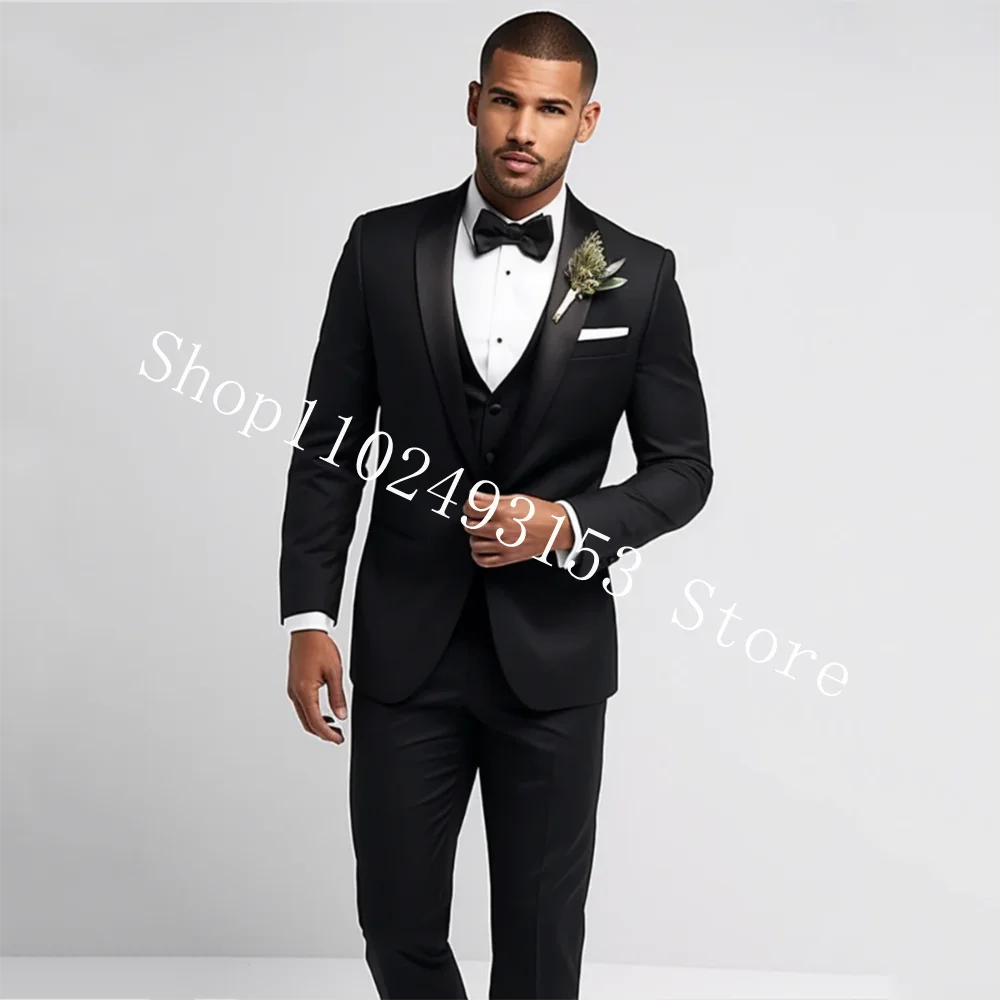 Men's Classic Black Shawl Lapel 3 Pieces Tuxedos For Wedding Slim Fit Groomsmen Suits Men Blazer+Vest+Pants Costume Homme