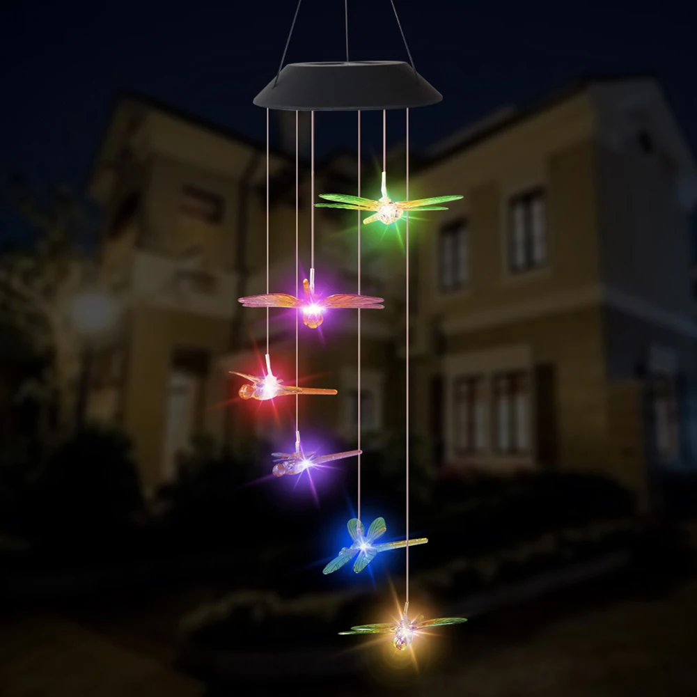 Solar Wind Chime Lamps Color Changing Dragonfly Pendant Lights Garden Decoration