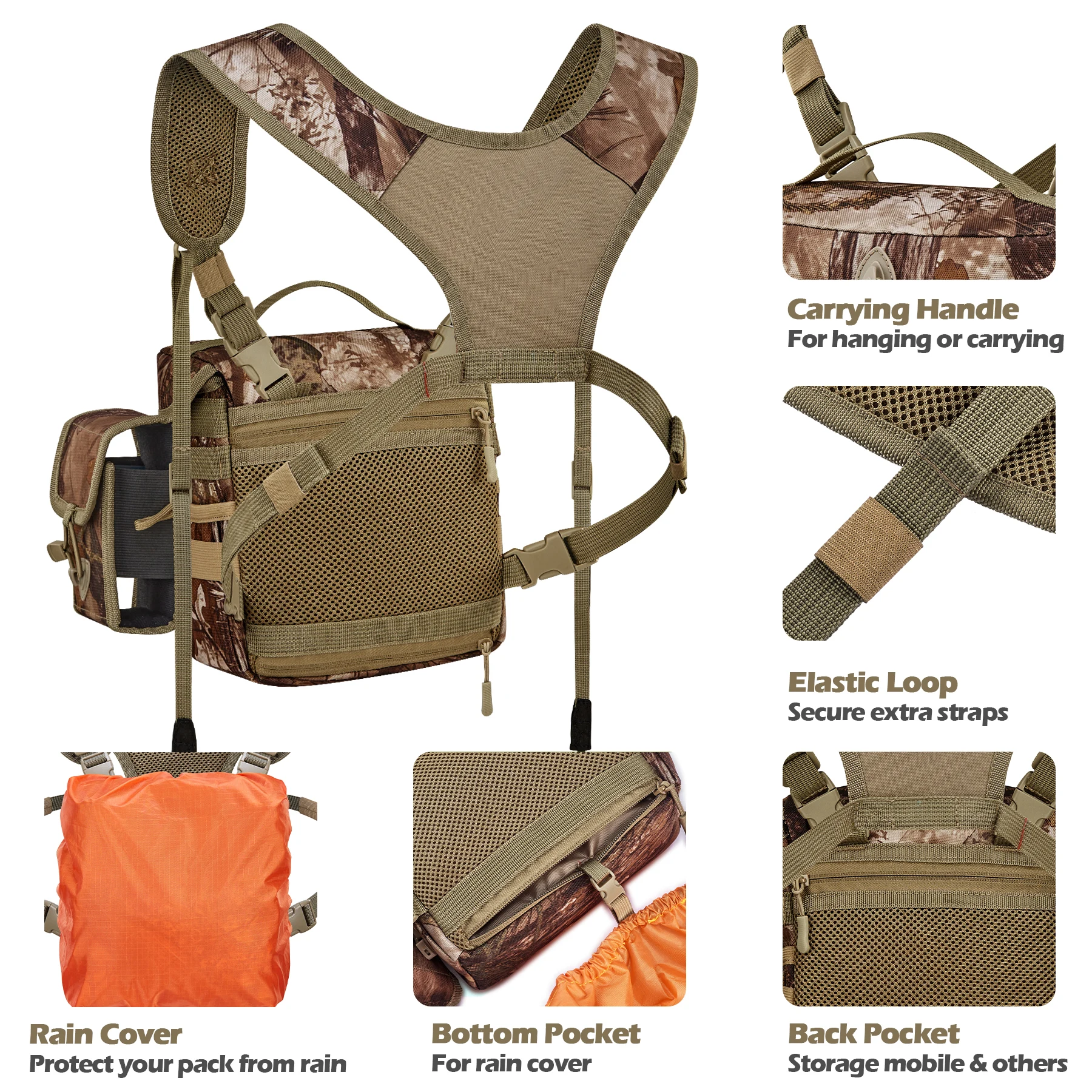 Pack Optique : Harnais Poitrine Jinoculaire + Étui Jumelles Étanche + Pochette Télémètre, Vert, Nylon
