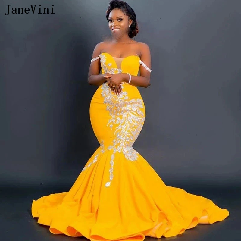 JaneVini Vestido Largo Modest African Evening Prom Dress Mermaid Gold Long Gala Dress Applique Gowns for Women Party Wear Formal cheap prom dresses