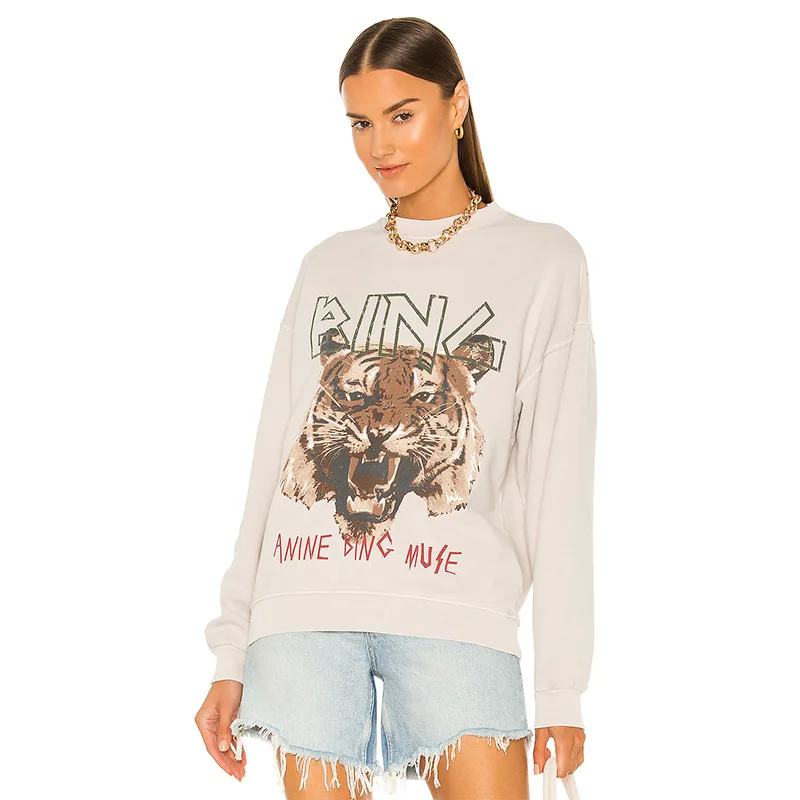 White Tiger Head Print Oversized Sweatshirt Women Fall 2021 Autumn Long
