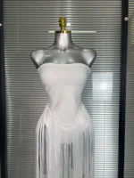 Summer New Women Sexy White Red Tassel Bandage Bodysuit Celebrity Designer Bodysuit Dancer Night Club Stage Stage Costume - Image 2