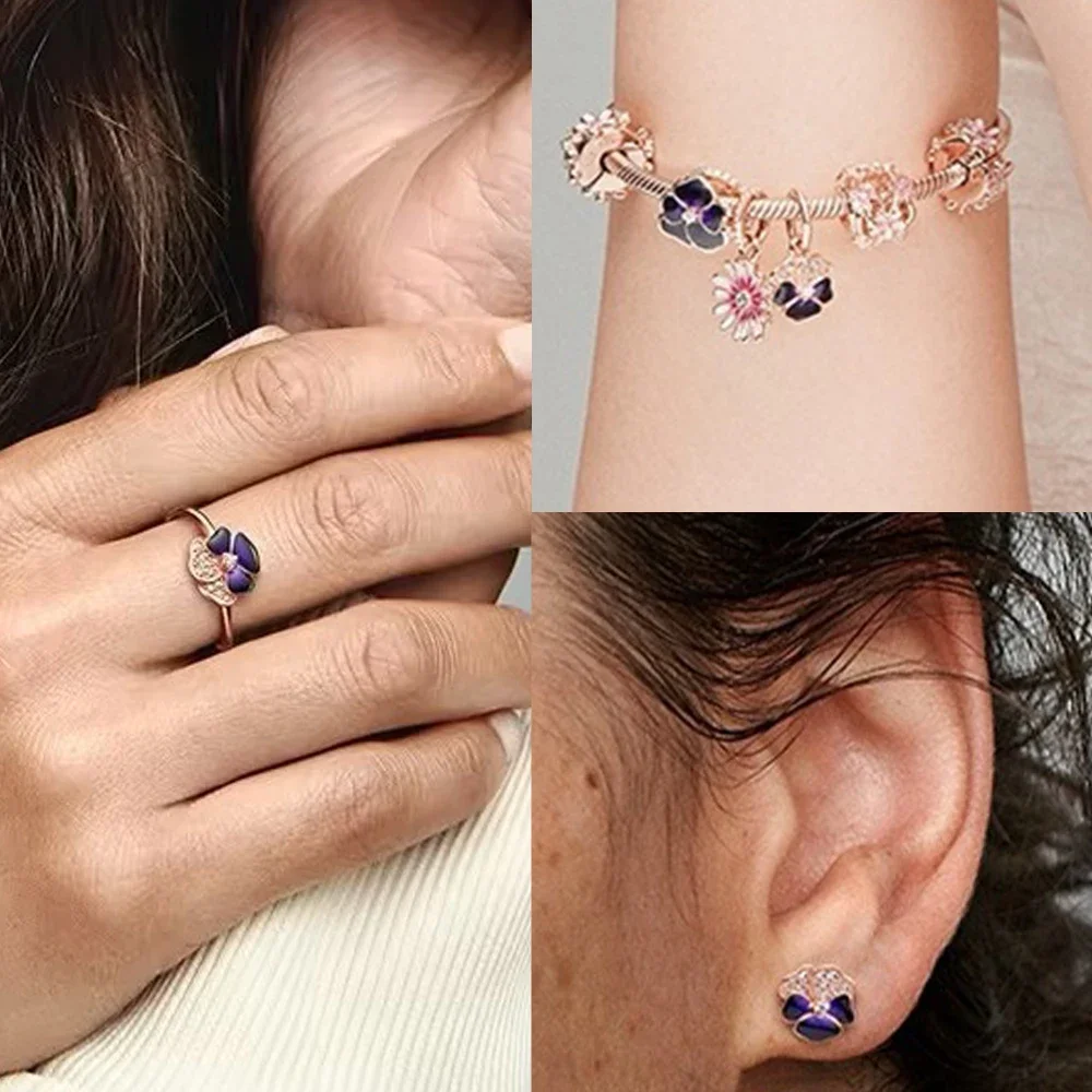 스털링  다크 퍼플, 3 색 플라워 시리즈 링 귀걸이 핏, 오리지널 판도라 팔찌, 매력적인 여성 절묘한 선물