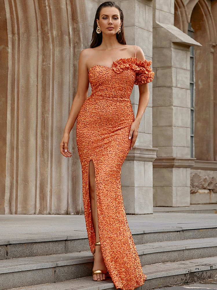 

BEVENCCEL 2023 New Women's Sexy Off Shoulder Lotus Leaf Edge Cut Split Thigh Sequins Long Dress Elegant Celebrity Party Dress