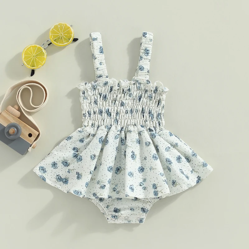 

Newborn Baby's Clothes Girl Summer Kids Romper Sleeveless Square Neck Floral Print Shirred Skirt Bodysuit Children's Clothing