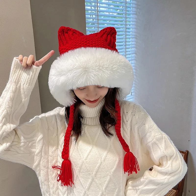 

2024 New Women Winter Warm Cute Beanie Hat Cat Ears Lady Kawaii Knitted Crochet Beanies Hat Cap with Braid for Women はっと