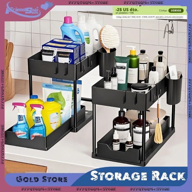 Pull-Out Cabinet Storage Rack Detachable Trays Hooks Bathroom Kitchen Under Counter Space Saving Home Organizationer