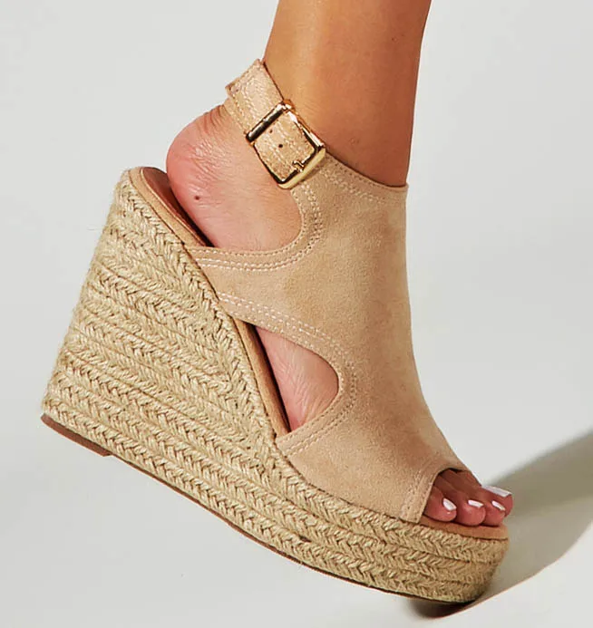 

EAGSITY Spain style Suede Espadrilles shoes women peep toe wedges heel platform sandals pumps ankle strap shoes rope outsole