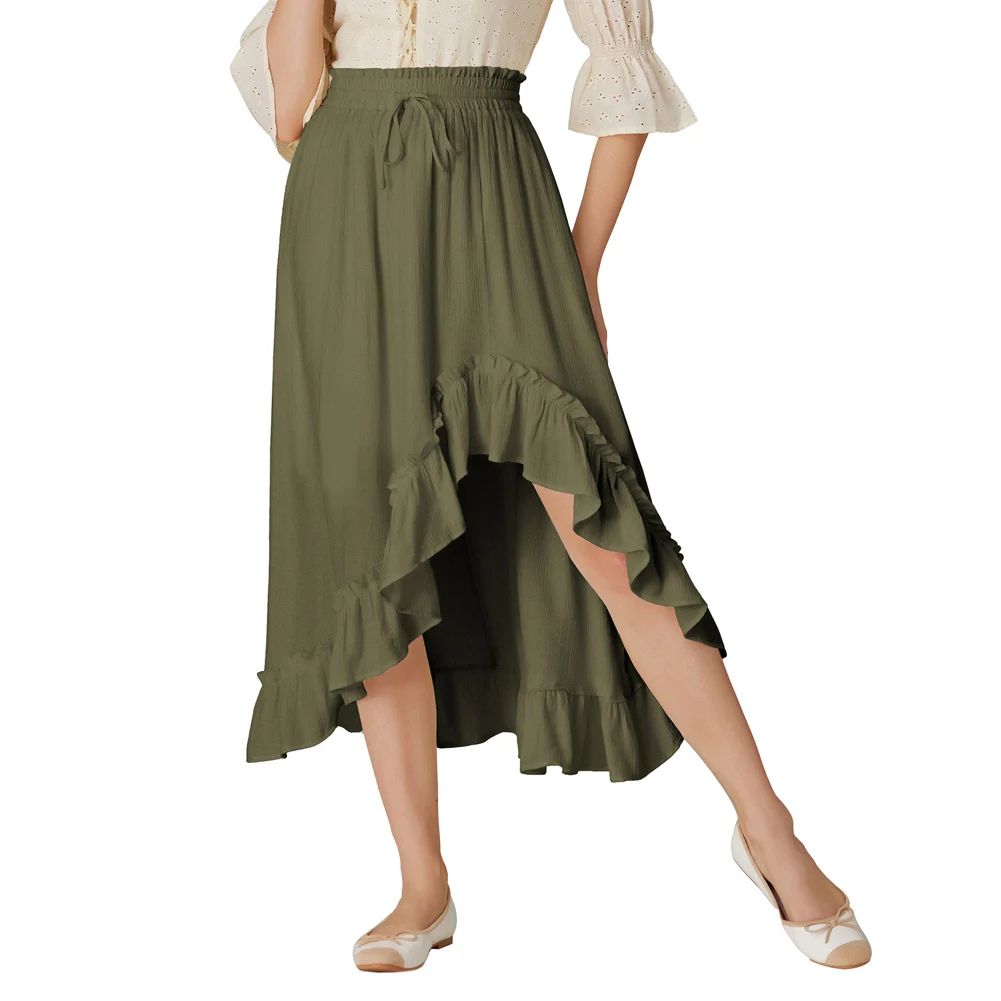 SD Women Renaissance Irregular Hem Skirt Drawstring Waist Mid-calf Ruffled Hem Slim Fit Vintage Retro Skirt Casual Elegant