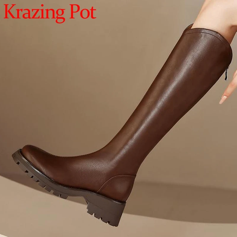 

Krazing Pot Full Grain Leather Round Toe Thick High Heels Riding Boots Korean Girl Concise Style Cozy Zipper Thigh High Boots
