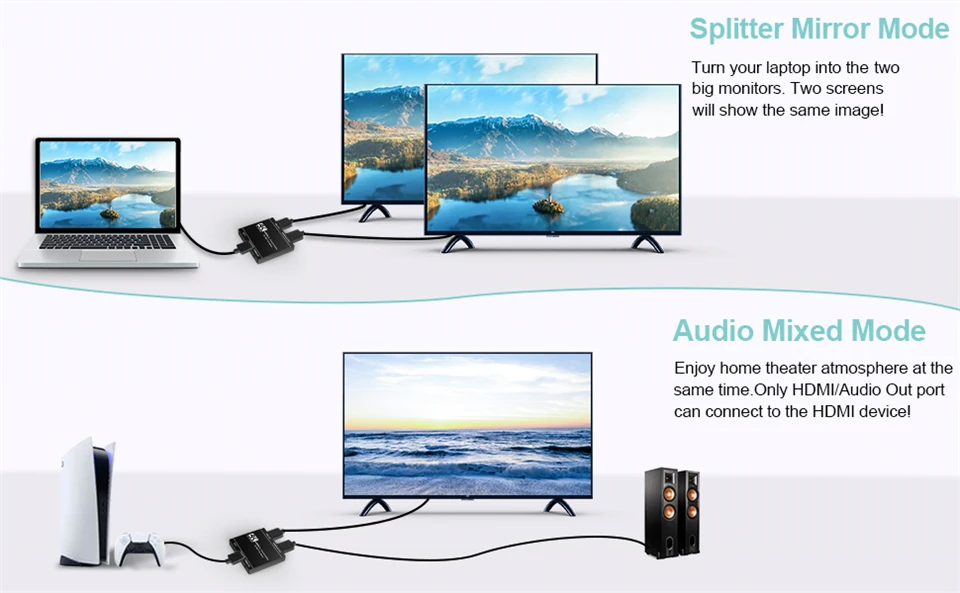 2025 Best HDMI audio extractor 4K 60Hz HDMI 2.0 Splitter 1 in 2 out 7.1 CH HDMI