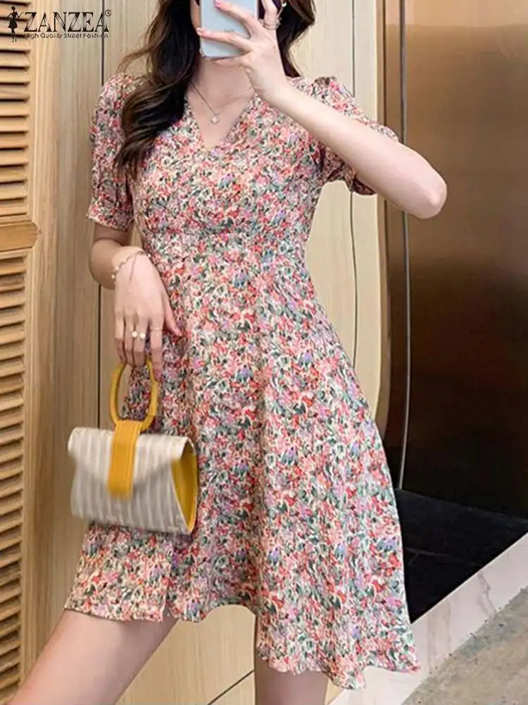 

ZANZEA Fashion Summer Vestido Holiday Floral Print Mini Dress Tie Back Women Robe Elegant Party V-neck Short Sleeve A-line Dress