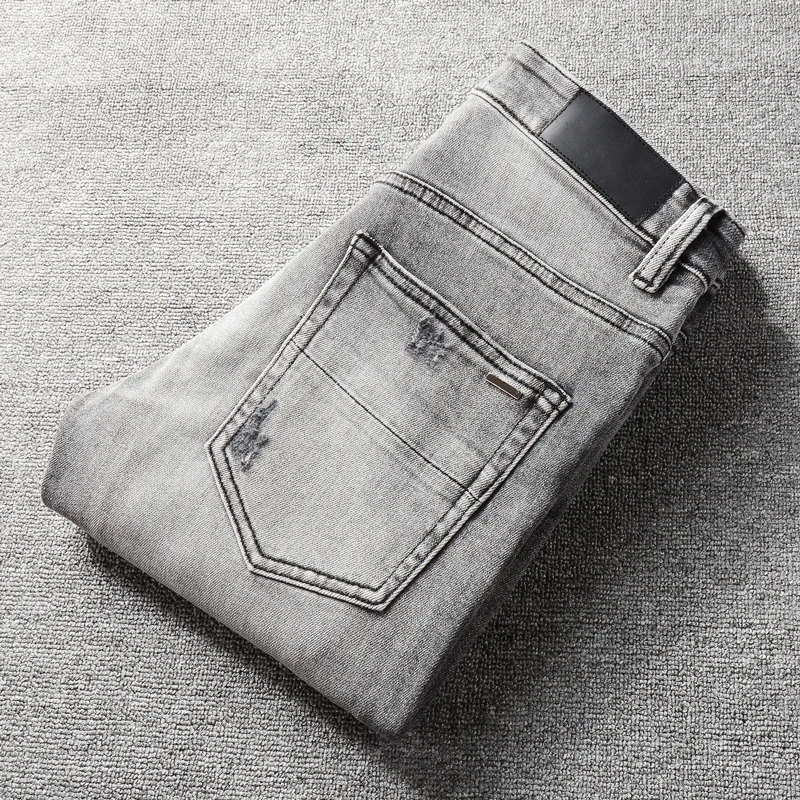 Street Fashion Men's Jeans Vintage Grey Elastic Slim Fit Split Jeans Men's Blue Leather Splitting Designer Hip Hop Brand Pants H