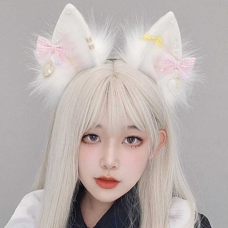 

Lolitas Cosplays Headband Animal Ears Hair Accessory Fine Crafted Cute Bow Decors Fashion Photo Props for Women Girls