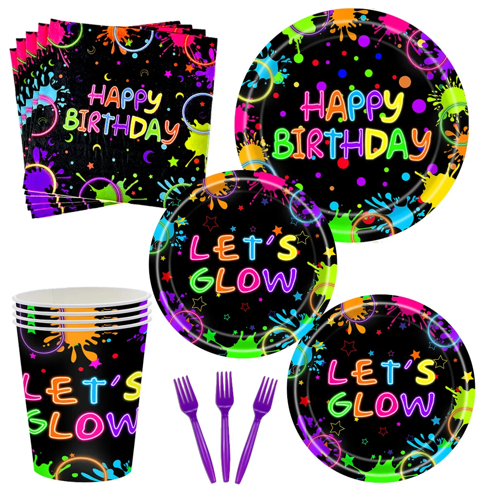 Neon Glow Birthday Party Supplies - Disposable Plates Napkins  Cups for Kids