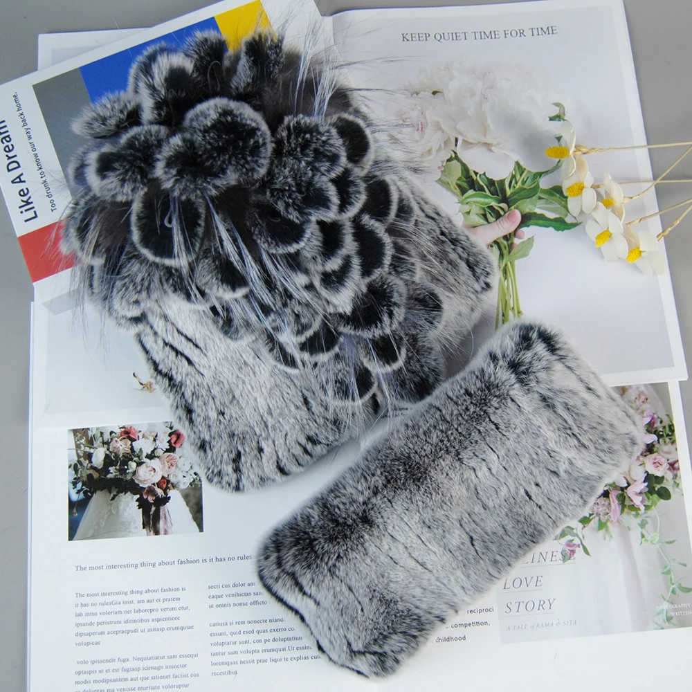Hot Sale Women Warm Rex Rabbit Fur Hat Scarf Sets Winter Lady Knit Fur Hats Muffler 2 Pieces Natural Rex Rabbit Fur Cap Scarves 2
